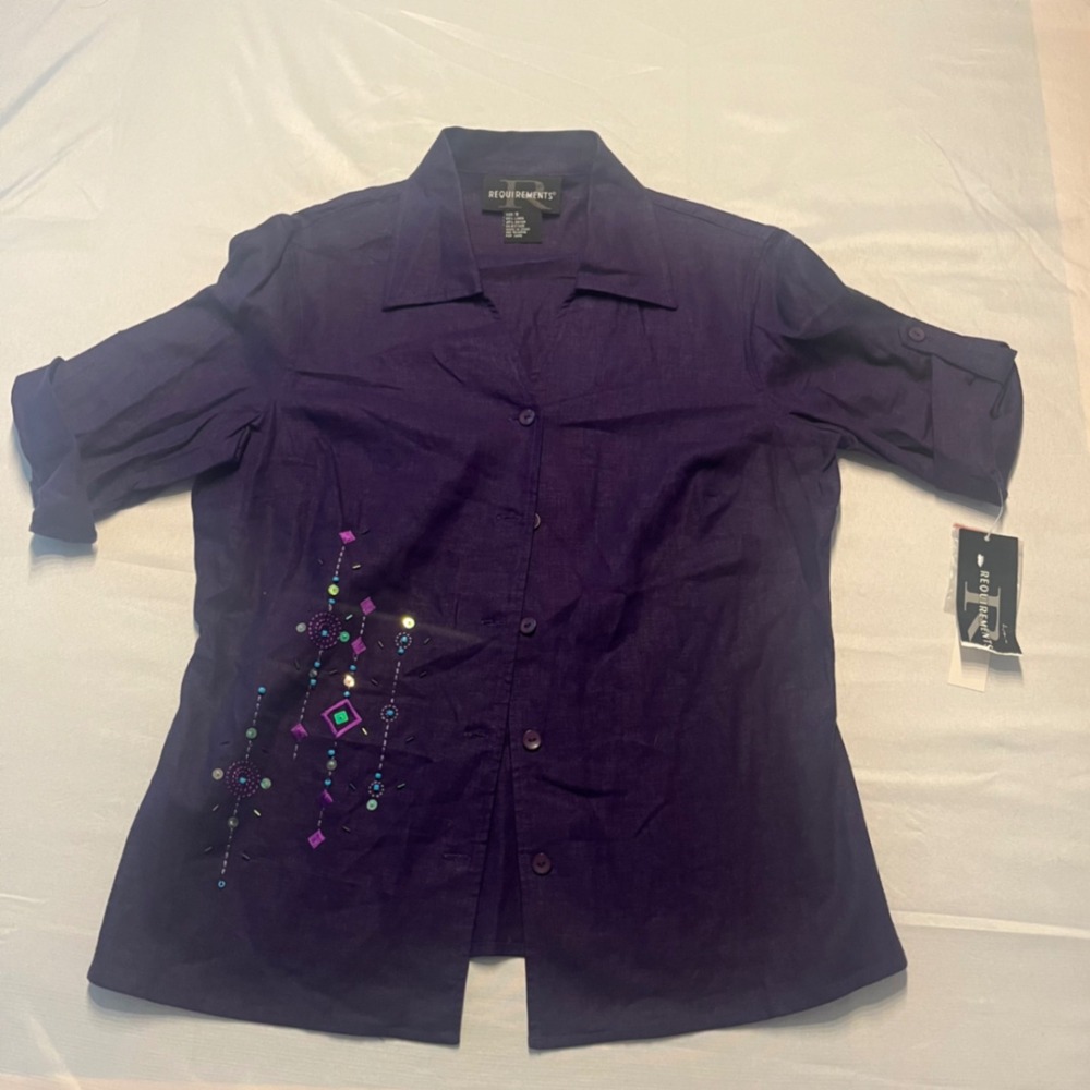 NWT Requirements Embellished Shirt Size Small Linen Blend Button Down Top